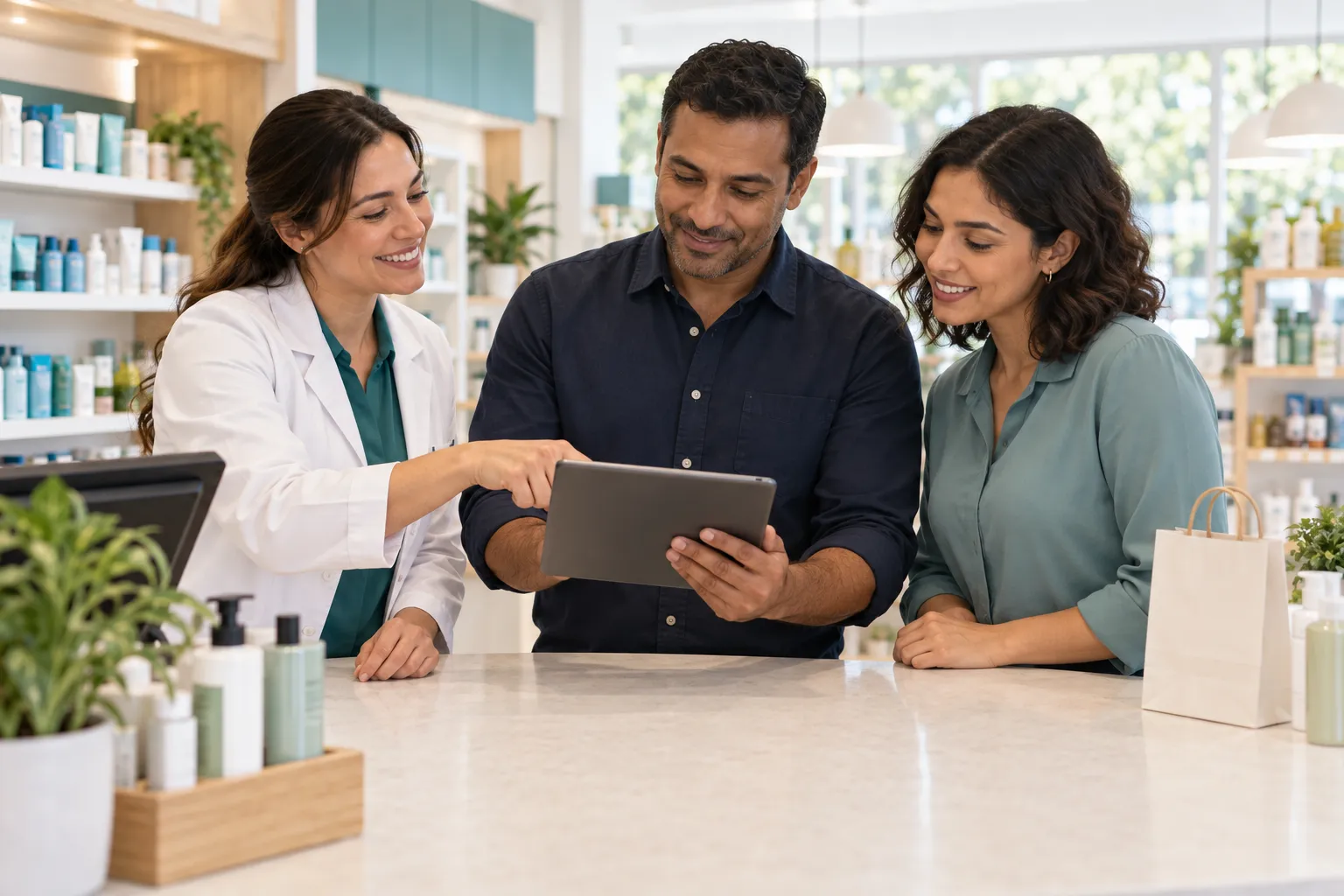 Farmacêutica, gerente e atendente acompanhando as mensagens em um tablet no balcão