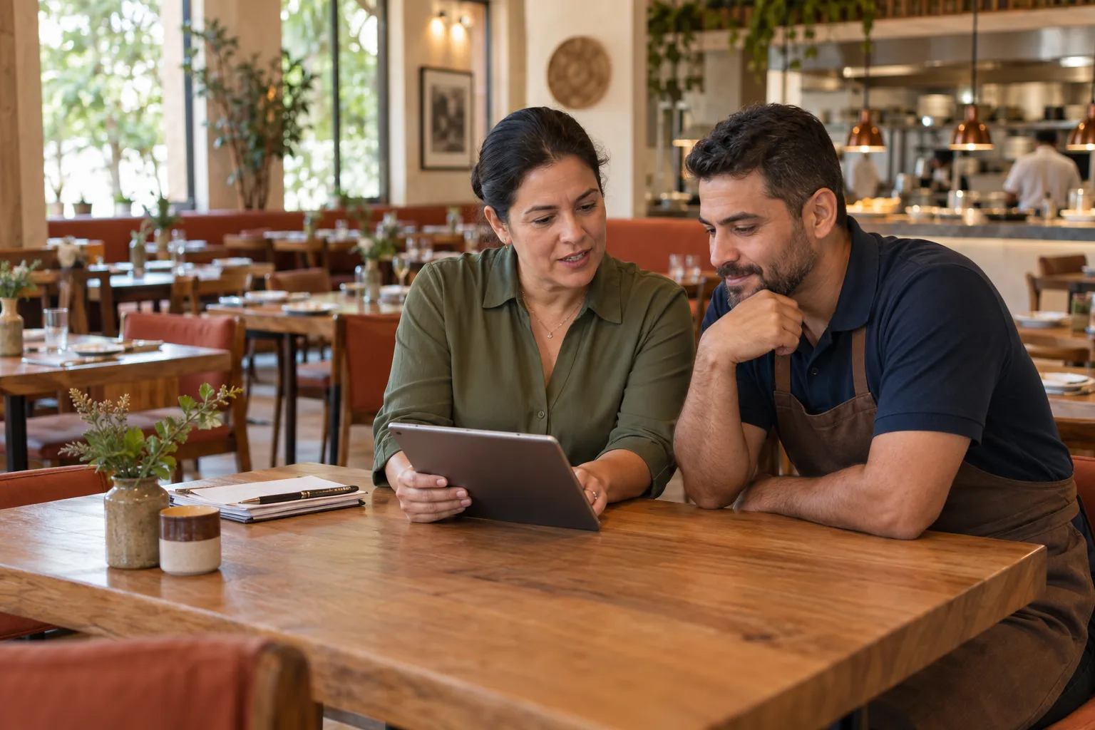 Dona do restaurante e supervisor revisando os checklists em um tablet no salão