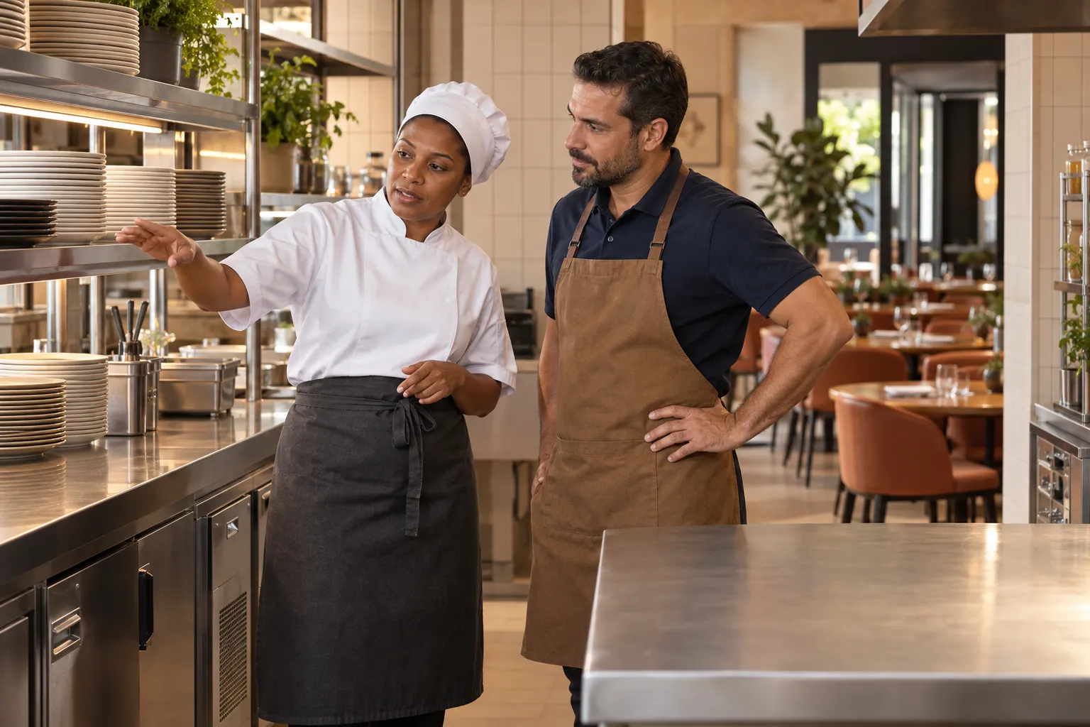 Chef e supervisor conferindo a preparação da cozinha antes de abrir o restaurante
